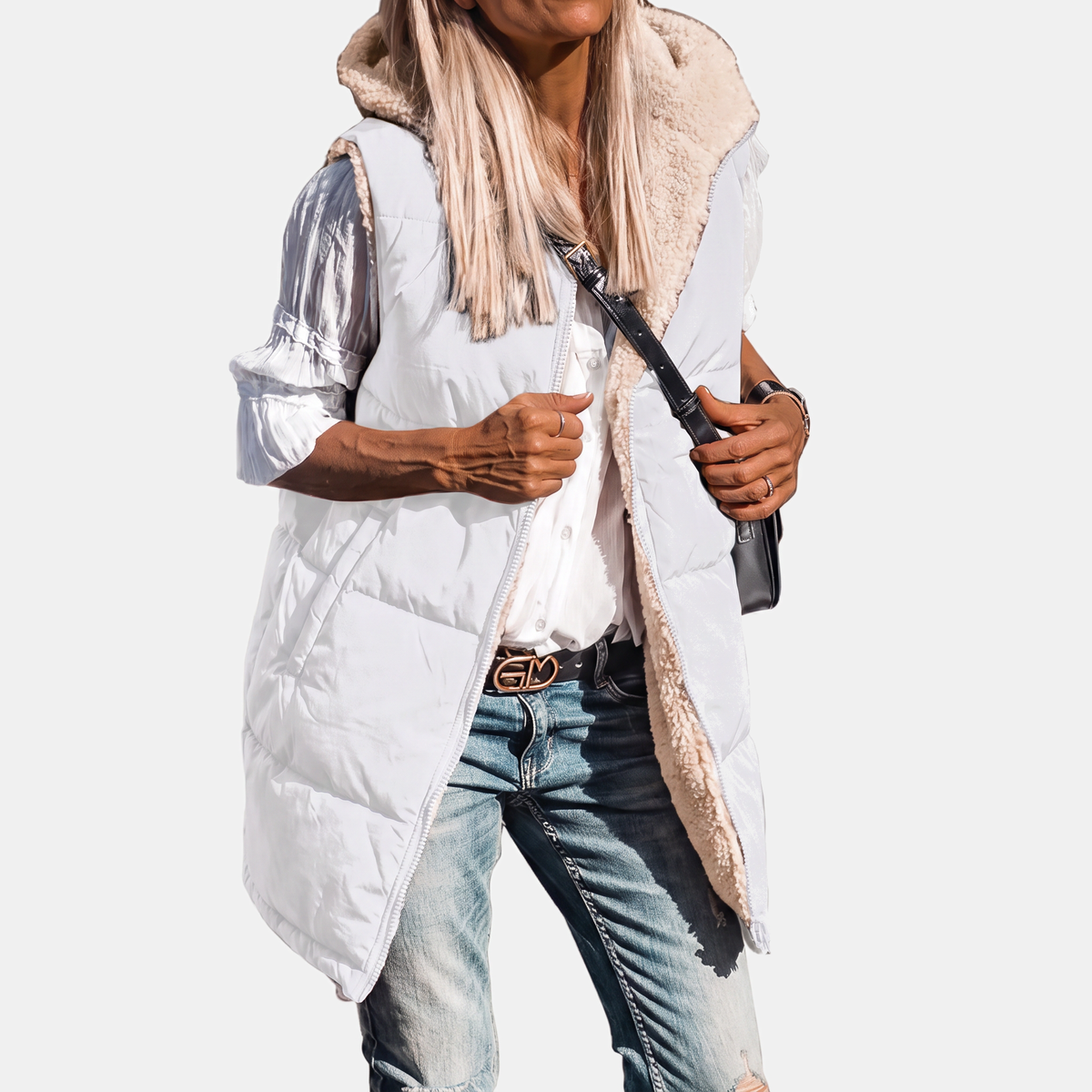 Women's Reversible Puffer Gilet Sherpa Lined Hooded Sleeveless Coat - White