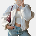 Women's Cropped Zip Up Oversized Fleece Bomber Jacket - White