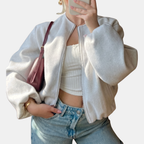 Women's Cropped Zip Up Oversized Fleece Bomber Jacket - White