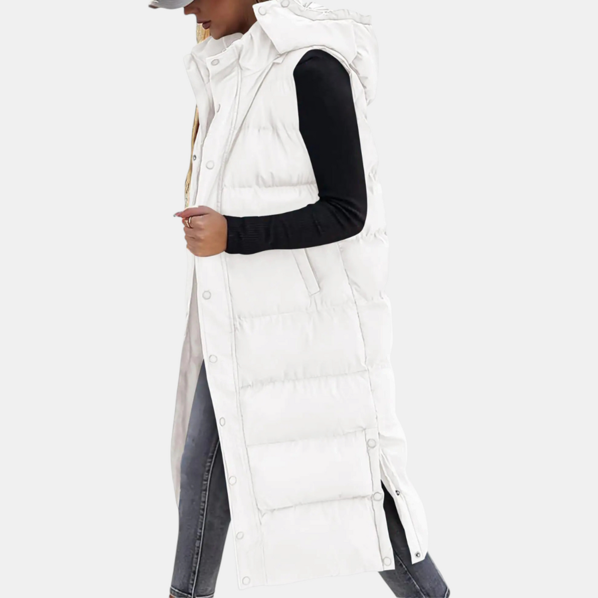 Women's Puffer Gilet Quilted Hooded Maxi Length Button Down - White