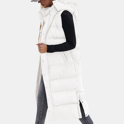 Women's Puffer Gilet Quilted Hooded Maxi Length Button Down - White