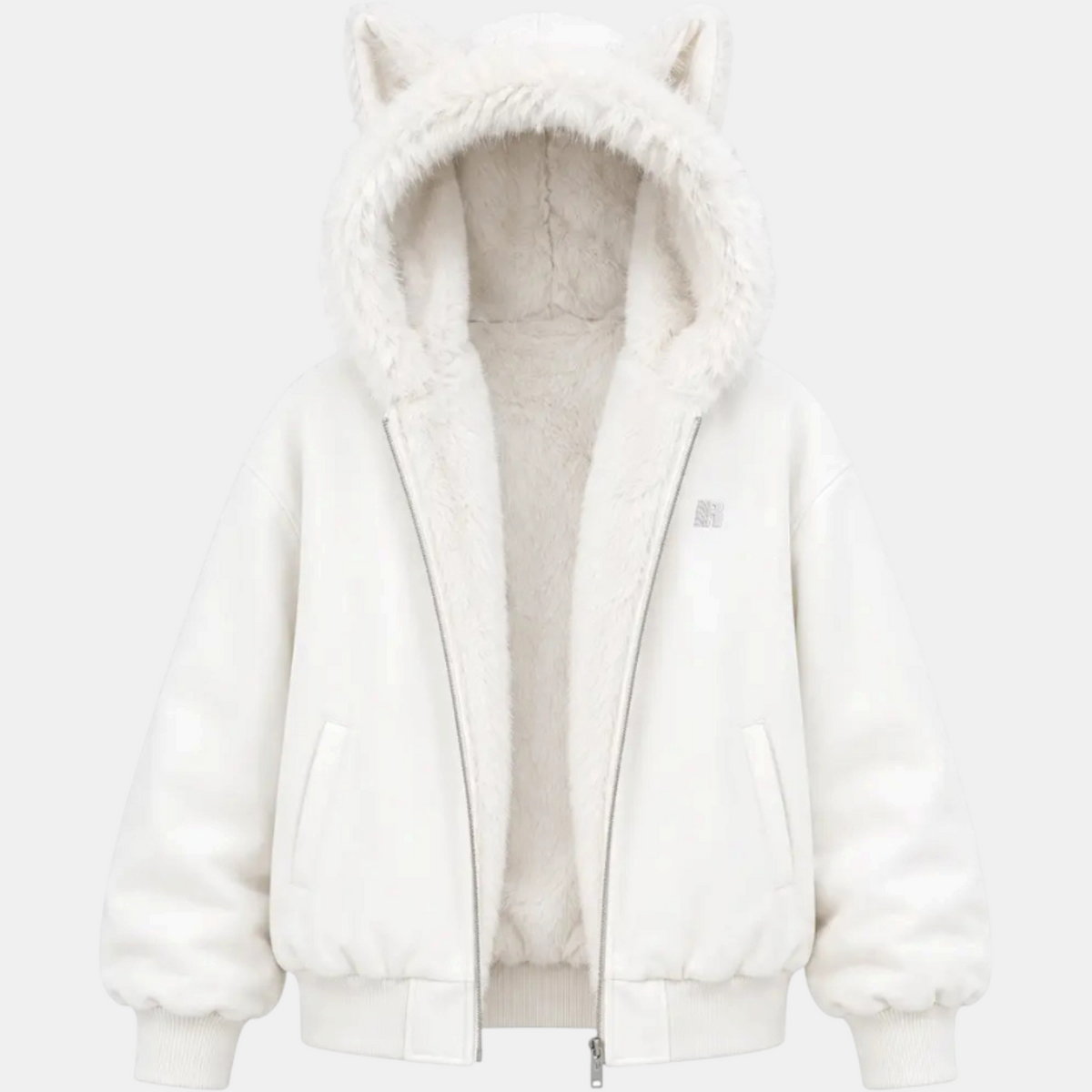 Women's Faux Fur Lined Bomber Jacket with Cat Ear Hood - White