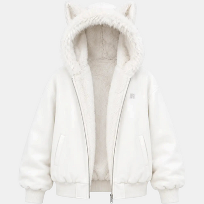 Women's Faux Fur Lined Bomber Jacket with Cat Ear Hood - White