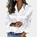 Women's Satin Button Front Long Sleeve Blouse - White