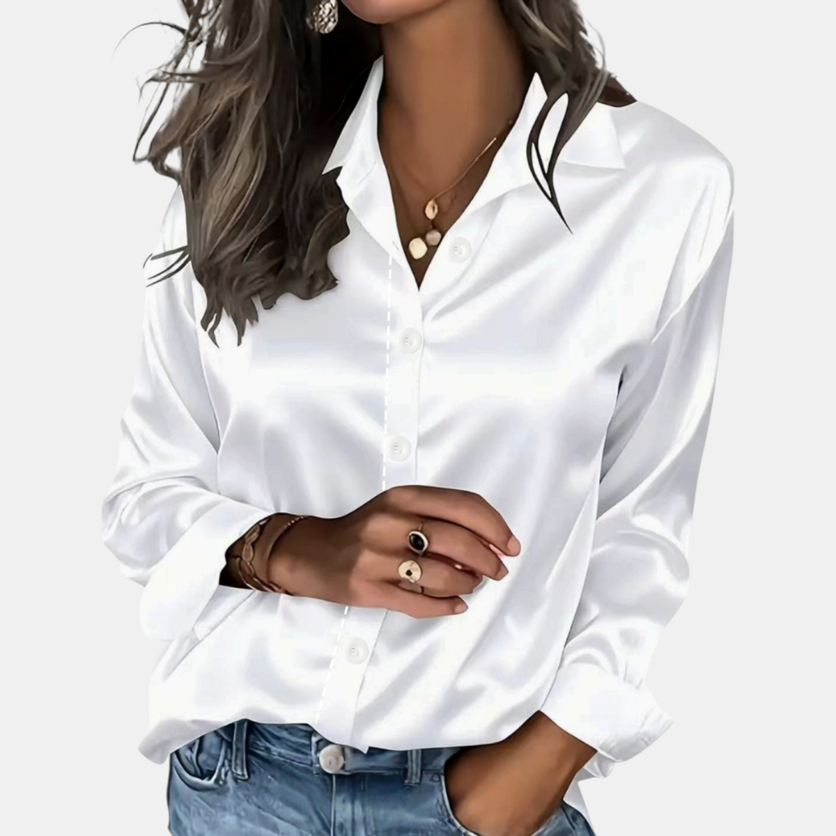 Women's Satin Button Front Long Sleeve Blouse - White