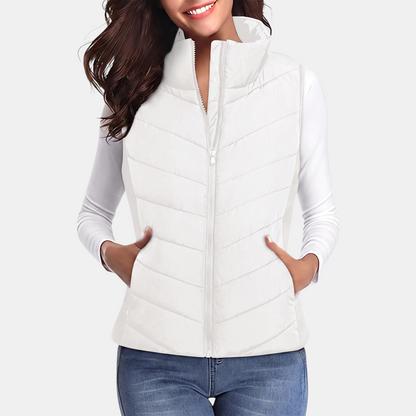 Women's Quilted Puffer Gilet Stand Collar Zip Up Sleeveless Gilet - White