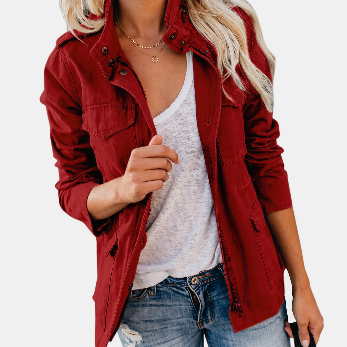 Women's Utility Cargo Jacket with Multi Pocket Drawstring Waist - Wine Red