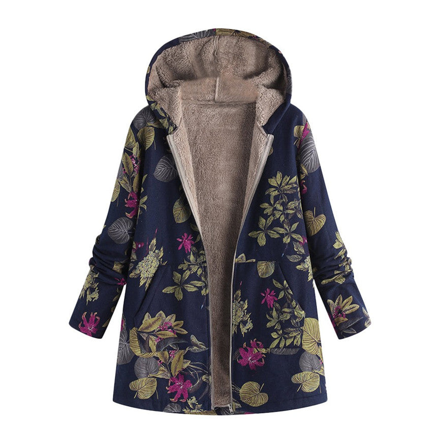 Women's Hooded Jacket with Floral Print and Front Pockets - Dark Blue