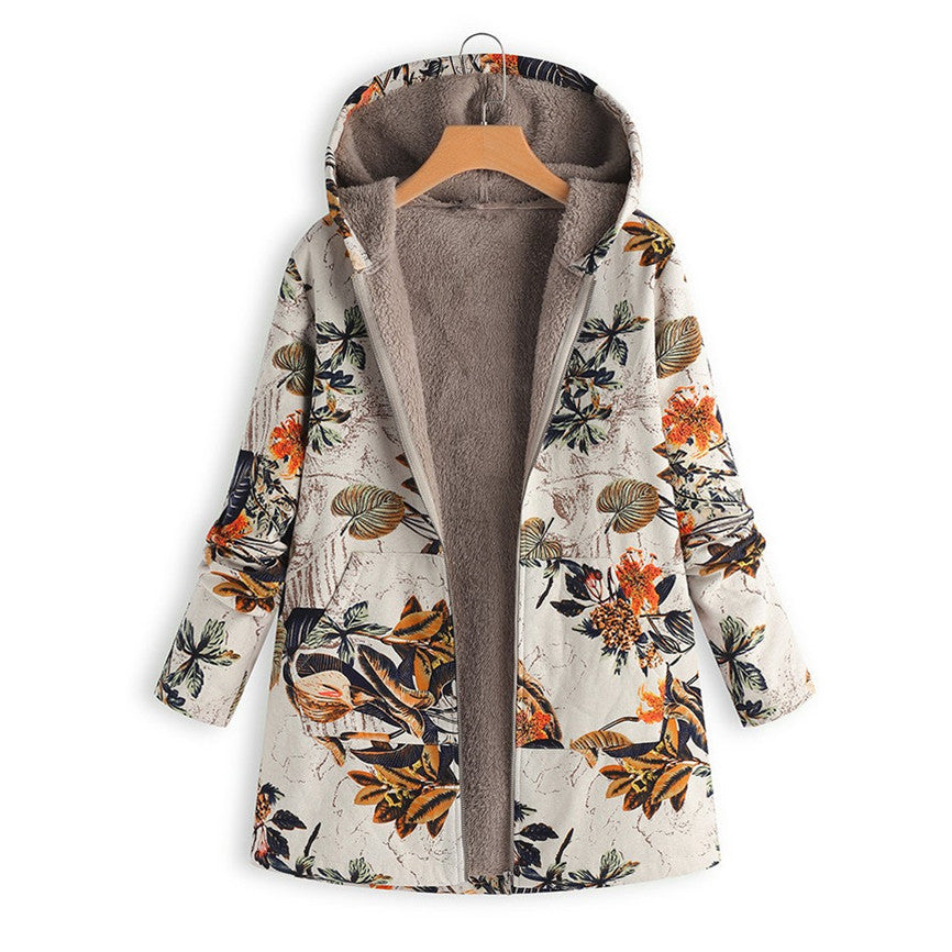 Women's Hooded Jacket with Floral Print and Front Pockets - Orange