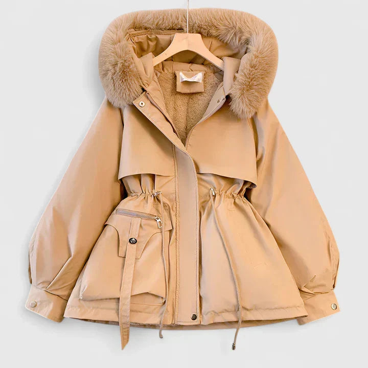 Women's Padded Jacket with Faux Fur Hood and Drawstring Waist - Khaki