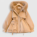 Women's Padded Jacket with Faux Fur Hood and Drawstring Waist - Khaki