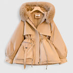 Women's Padded Jacket with Faux Fur Hood and Drawstring Waist - Khaki