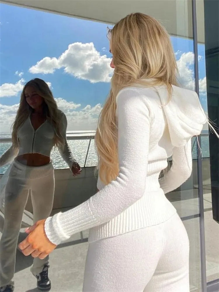 Women's Zip Front Lounge Set with Cropped Top and Flared Trousers - 10