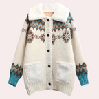 Women's Cardigan Buttoned with Fleece Collar and Patterned Sleeves - 2