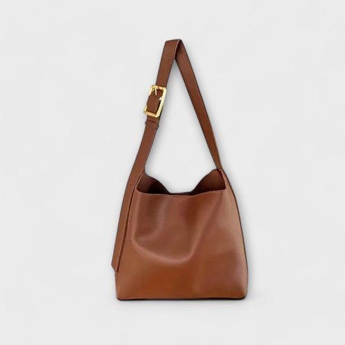 Women's Shoulder Bag with Wide Strap and Solid Colour Design - Brown