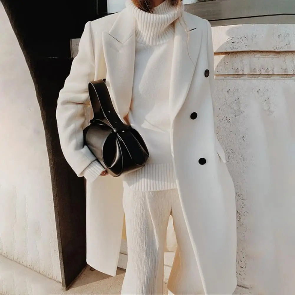 Women's Double-Breasted Wool Blazer Notched Lapel - White