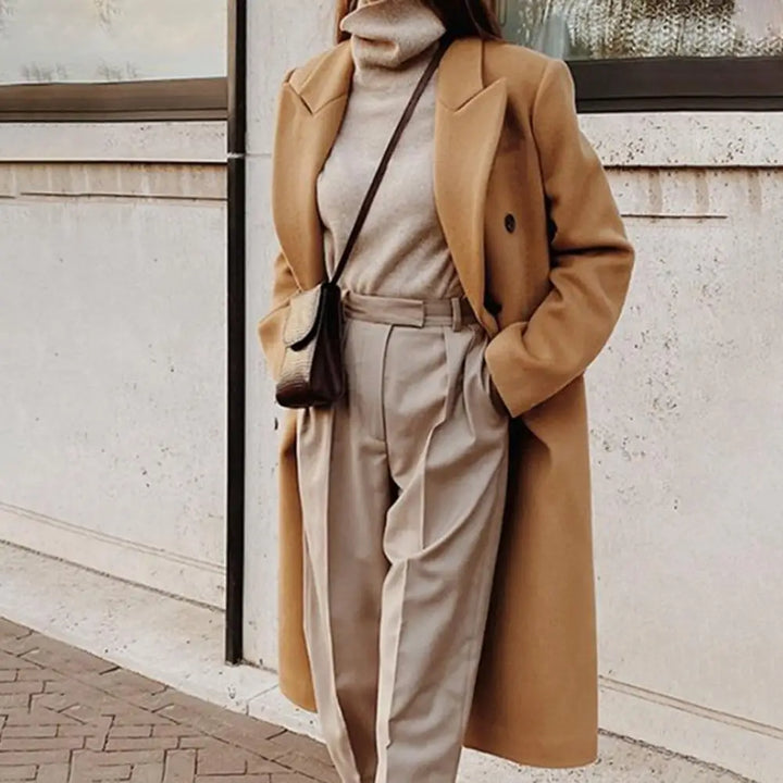 Women's Double-Breasted Wool Blazer Notched Lapel - Khaki
