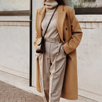 Women's Double-Breasted Wool Blazer Notched Lapel - Khaki