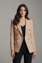 Women's Double-Breasted Blazer with Gold-Tone Buttons - Khaki