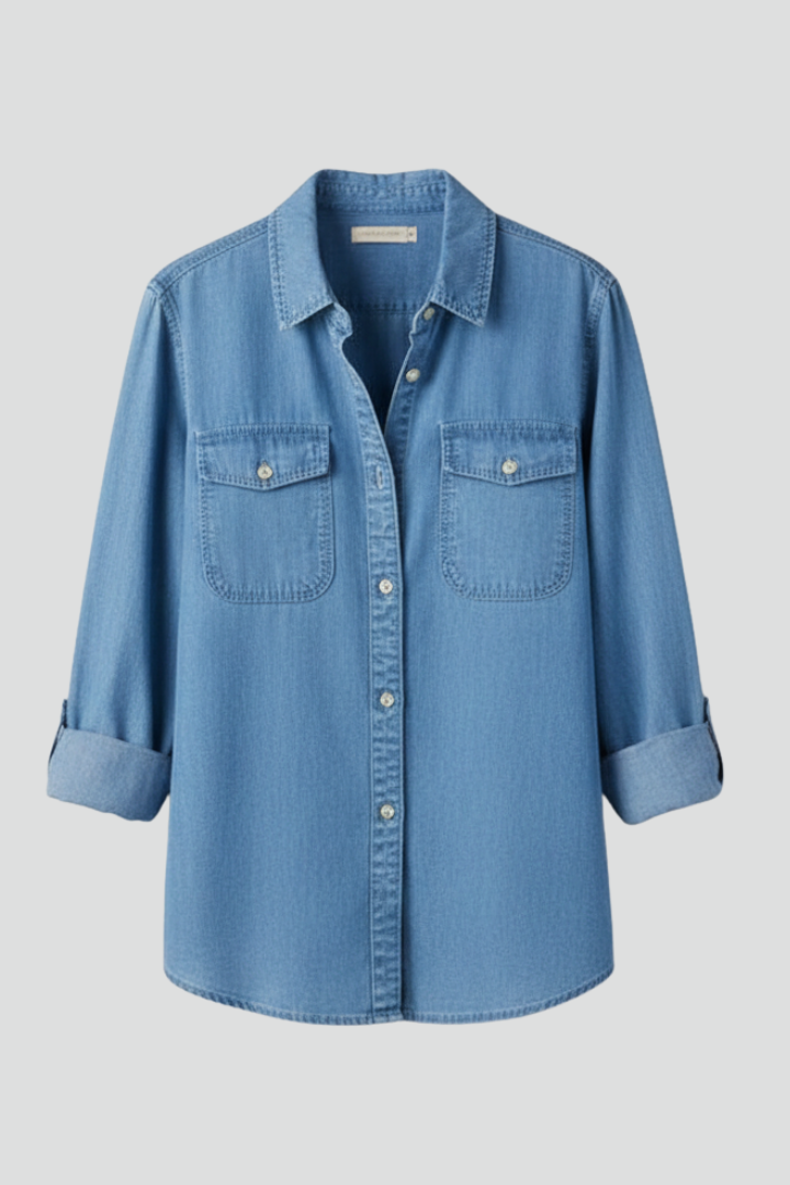 Women's Button-Front Denim Shirt with Long Sleeves - 2