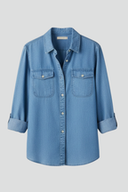 Women's Button-Front Denim Shirt with Long Sleeves - 2