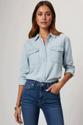 Women's Button-Front Denim Shirt with Long Sleeves - Light Blue