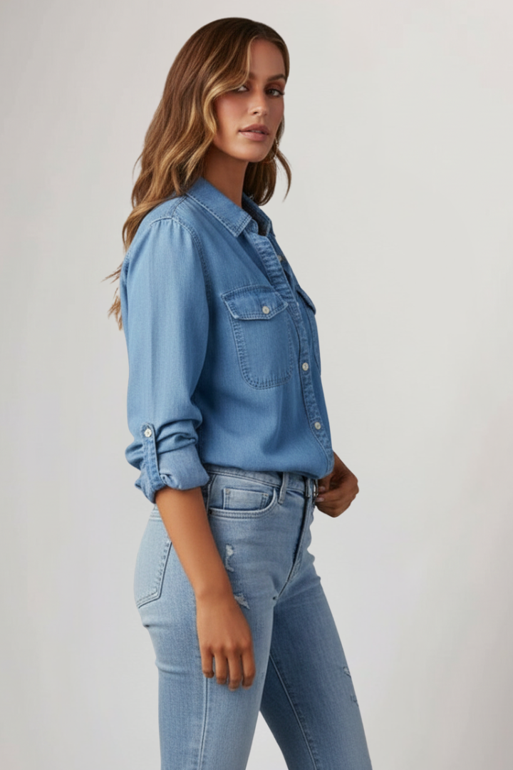 Women's Button-Front Denim Shirt with Long Sleeves - 4