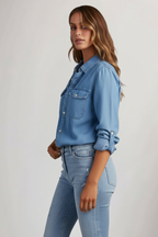 Women's Button-Front Denim Shirt with Long Sleeves - 5