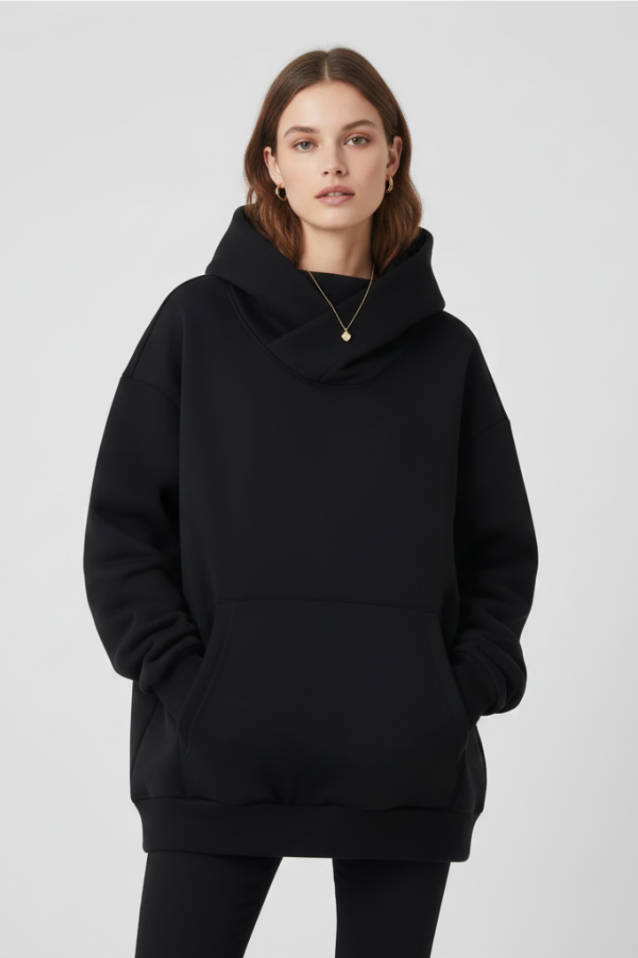 Women's Oversized Hoodie with High Neck and Wide Hood - Black
