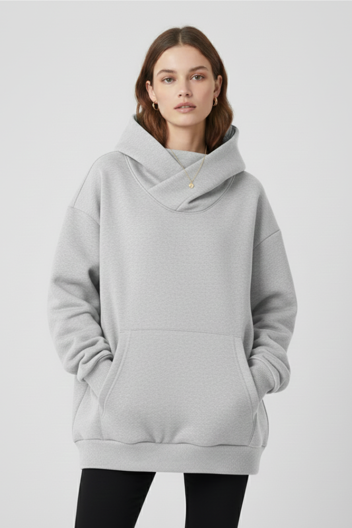 Women's Oversized Hoodie with High Neck and Wide Hood - Grey