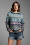 Women's Hooded Jumper with Patterned Knit and Ribbed Cuffs - Blue
