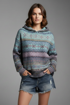Women's Hooded Jumper with Patterned Knit and Ribbed Cuffs - Blue