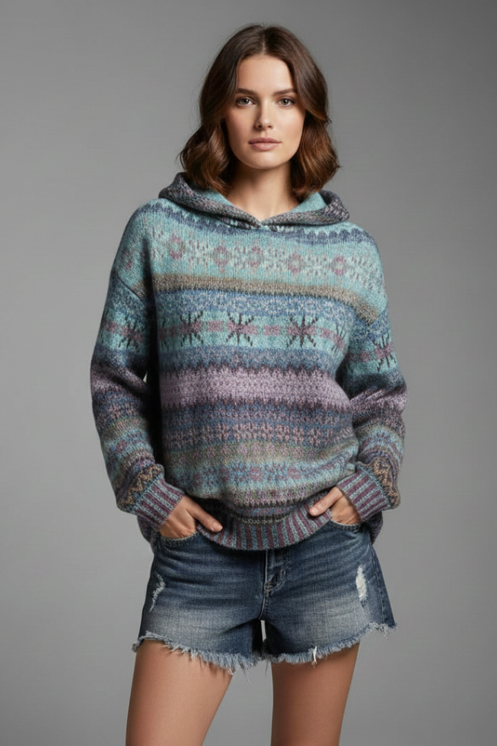 Women's Hooded Jumper with Patterned Knit and Ribbed Cuffs - Blue