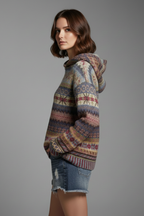 Women's Hooded Jumper with Patterned Knit and Ribbed Cuffs - 3
