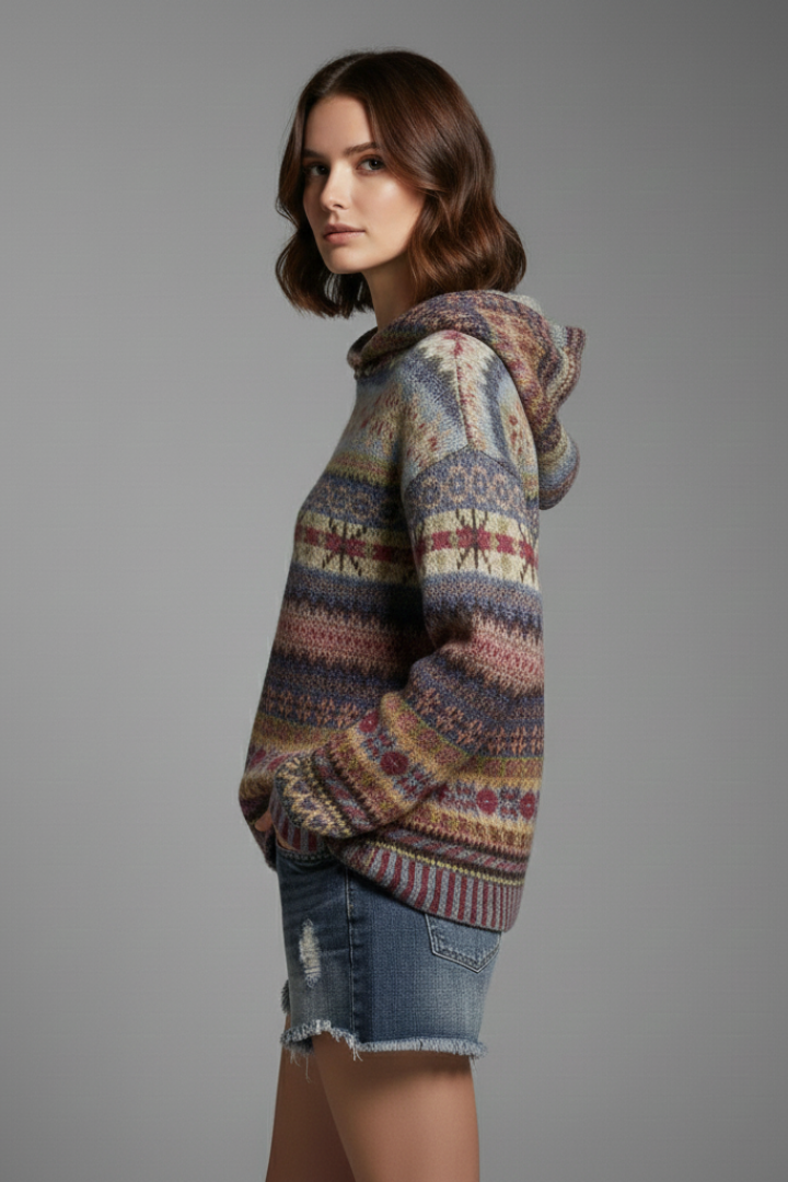 Women's Hooded Jumper with Patterned Knit and Ribbed Cuffs - 3