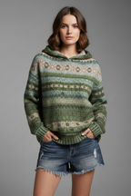 Women's Hooded Jumper with Patterned Knit and Ribbed Cuffs - Green