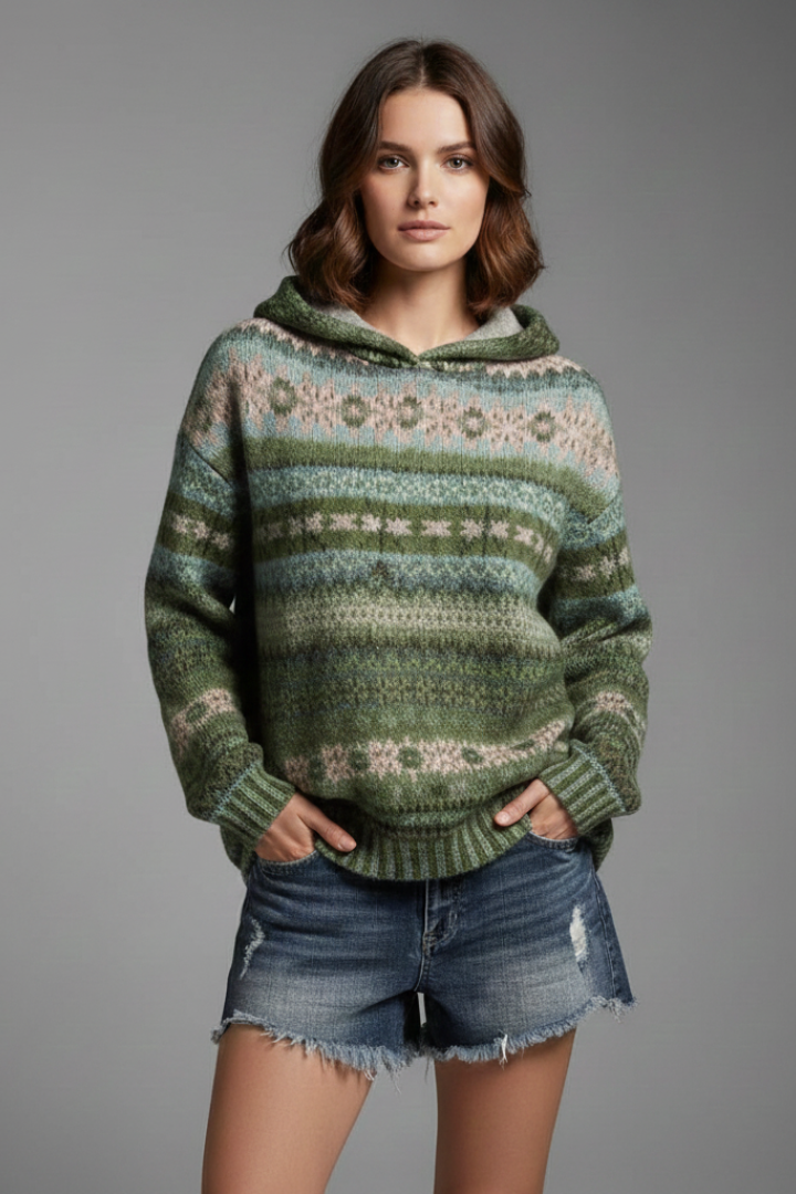 Women's Hooded Jumper with Patterned Knit and Ribbed Cuffs - Green