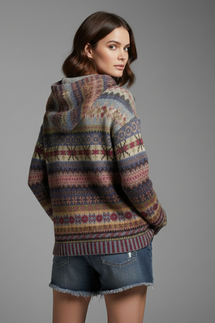 Women's Hooded Jumper with Patterned Knit and Ribbed Cuffs - 4