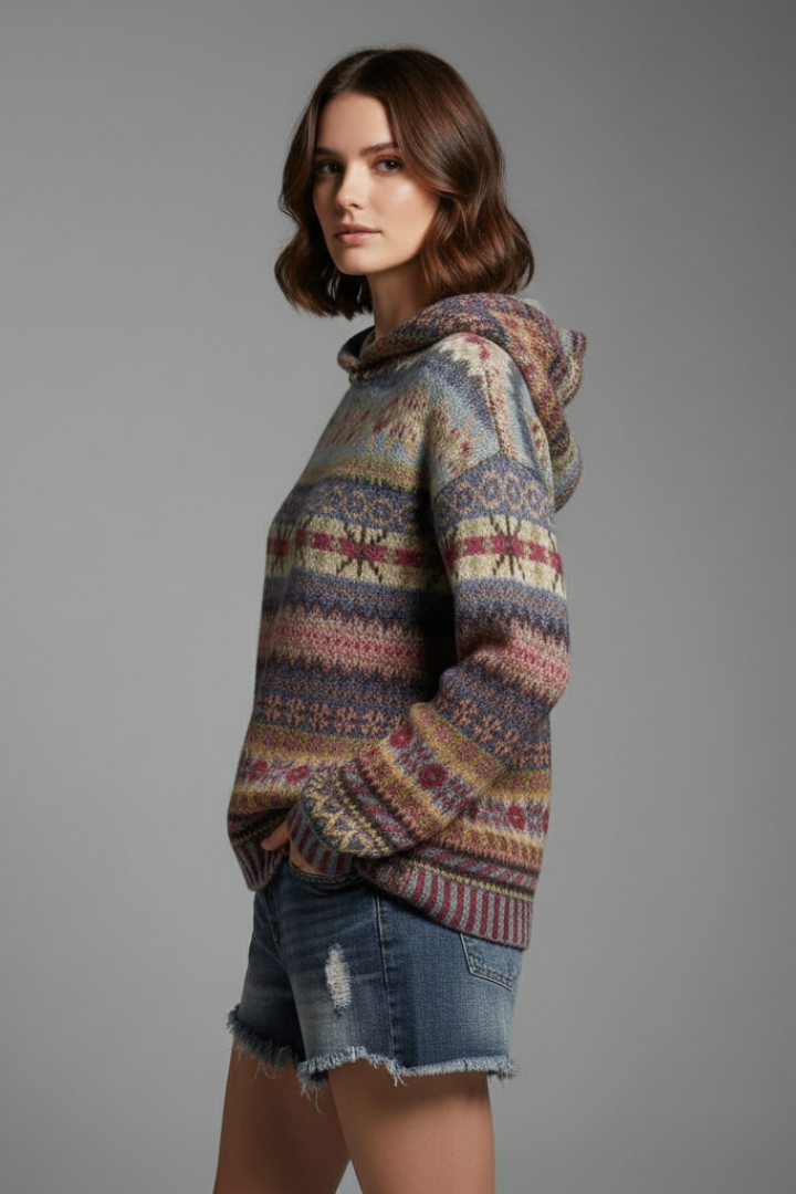 Women's Hooded Jumper with Patterned Knit and Ribbed Cuffs - 5
