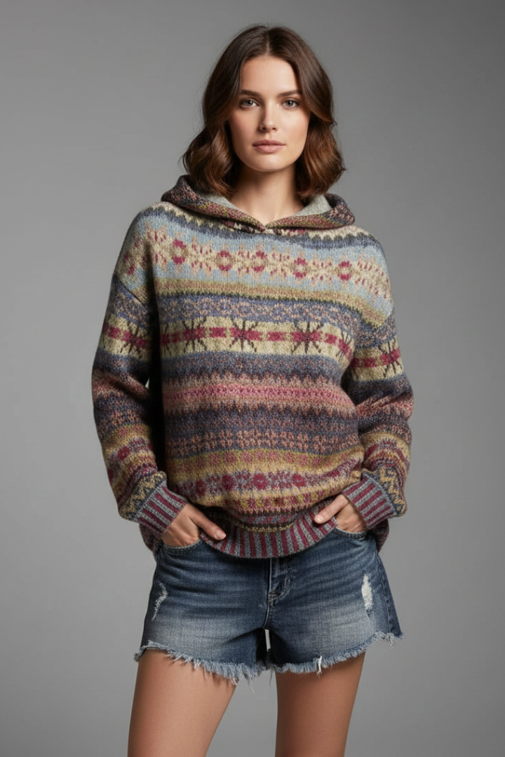 Women's Hooded Jumper with Patterned Knit and Ribbed Cuffs - Brown