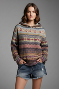 Women's Hooded Jumper with Patterned Knit and Ribbed Cuffs - Brown