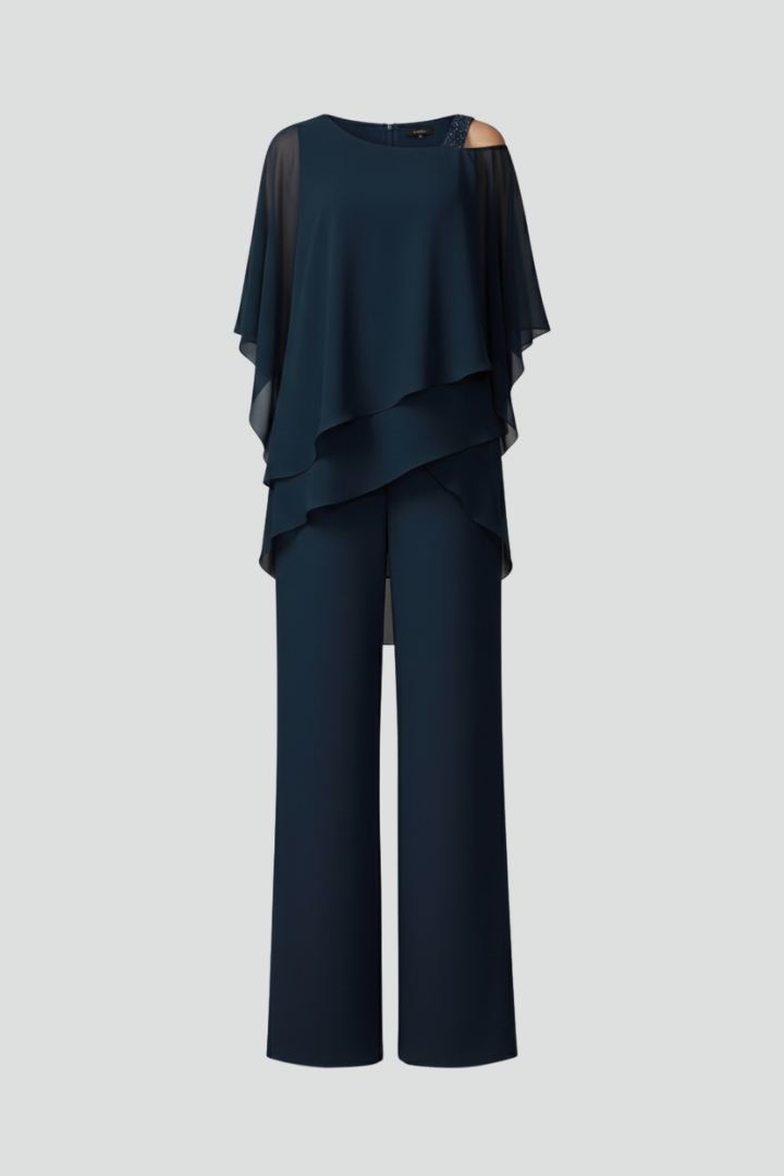 Women's Cold-Shoulder Wide-Leg Jumpsuit with Flowing Overlay - 2