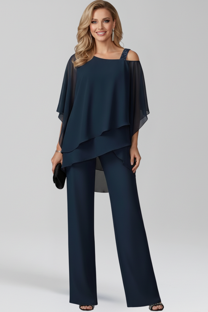 Women's Cold-Shoulder Wide-Leg Jumpsuit with Flowing Overlay - Navy Blue