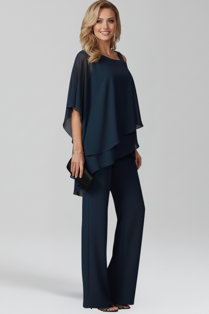 Women's Cold-Shoulder Wide-Leg Jumpsuit with Flowing Overlay - 3