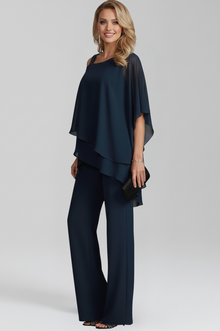 Women's Cold-Shoulder Wide-Leg Jumpsuit with Flowing Overlay - 5