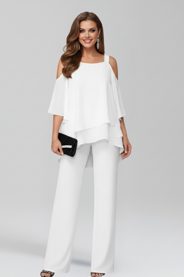 Women's Cold-Shoulder Wide-Leg Jumpsuit with Flowing Overlay - White