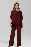 Women's Cold-Shoulder Wide-Leg Jumpsuit with Flowing Overlay - Burgundy