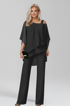 Women's Cold-Shoulder Wide-Leg Jumpsuit with Flowing Overlay - Black