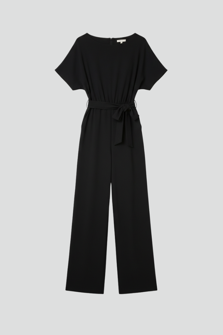 Women's Tie-Belt Wide-Leg Jumpsuit with Boat Neck - 2