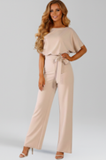 Women's Tie-Belt Wide-Leg Jumpsuit with Boat Neck - Apricot
